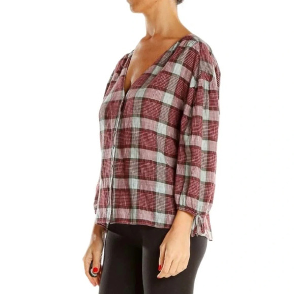 MADEWELL Red Plaid All Day Wear Button Down V Neck Blouse - Picture 10 of 12